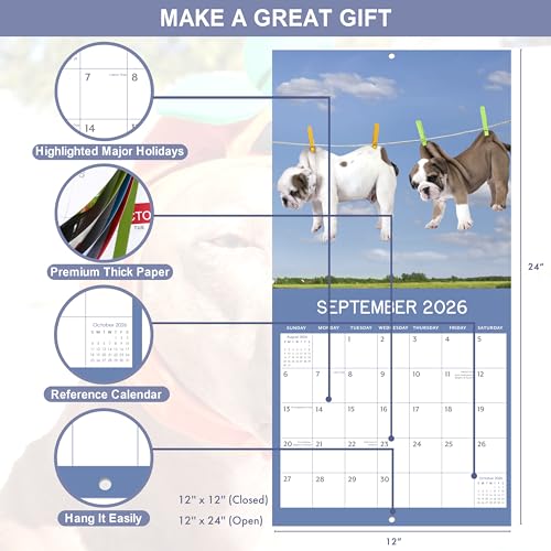 Indeme 2026 Calendar - Cute Puppies Wall Calendar 2026, 12 Months Fun Dogs Calendar, Jan. 2026 - Dec. 2026, 12'' x 12'' (Closed), 12'' x 24'' (Open), Funny Dog Calendar Gag Gifts, Hanging Hole, Holidays - Image 4