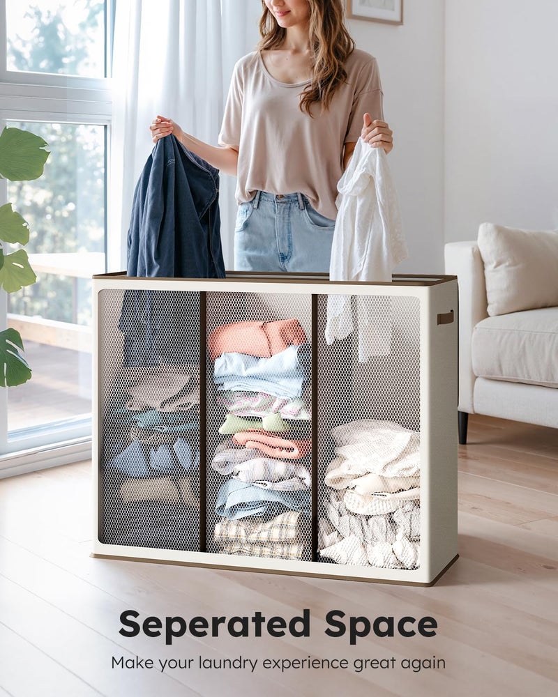 SOLEDI 180L Laundry Hamper 3 Section, Extra Large Laundry Hamper with Lid, Dirty Clothes Hamper with Sturdy Handle, Large Laundry Basket Organizer for Laundry Room, Bedroom, Hampers for Laundry - Image 2