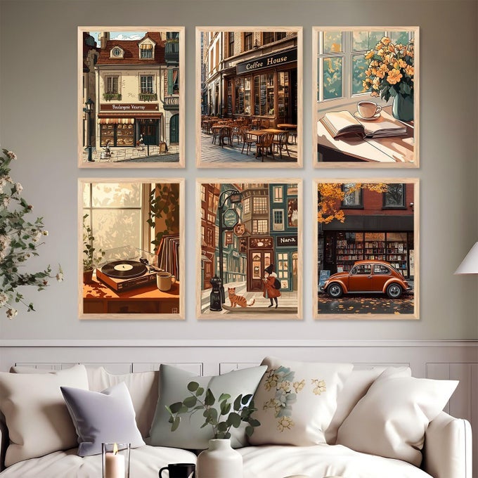VINTAGE COFFEE SHOP WALL ART PRINTS 6 PIECE FRAMED ART SET PARIS CAFE THEME HOME DECOR SET OF 6 FRAMED POSTERS GALLERY COLLECTION STYLE10