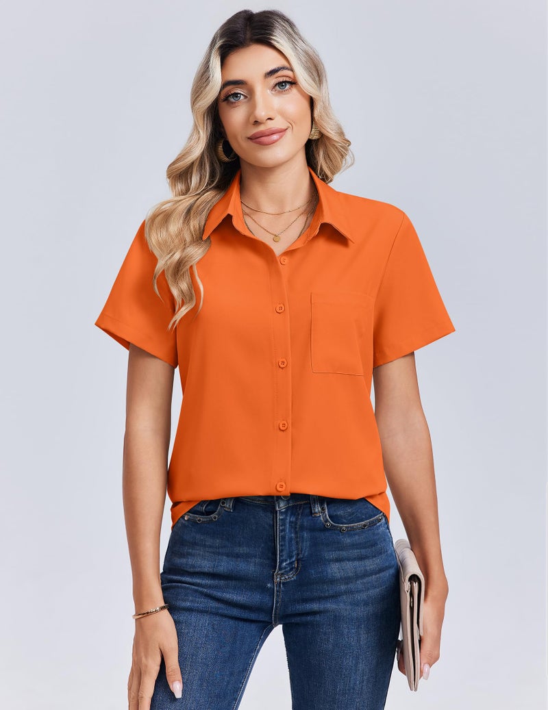 Zeagoo Blouses for Women Dressy Casual Button Down Shirts Summer Outfits Short Sleeve Blouse Lightweight Cute Summer Tops Orange - Image 2