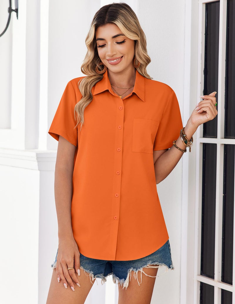 Zeagoo Blouses for Women Dressy Casual Button Down Shirts Summer Outfits Short Sleeve Blouse Lightweight Cute Summer Tops Orange - Image 5