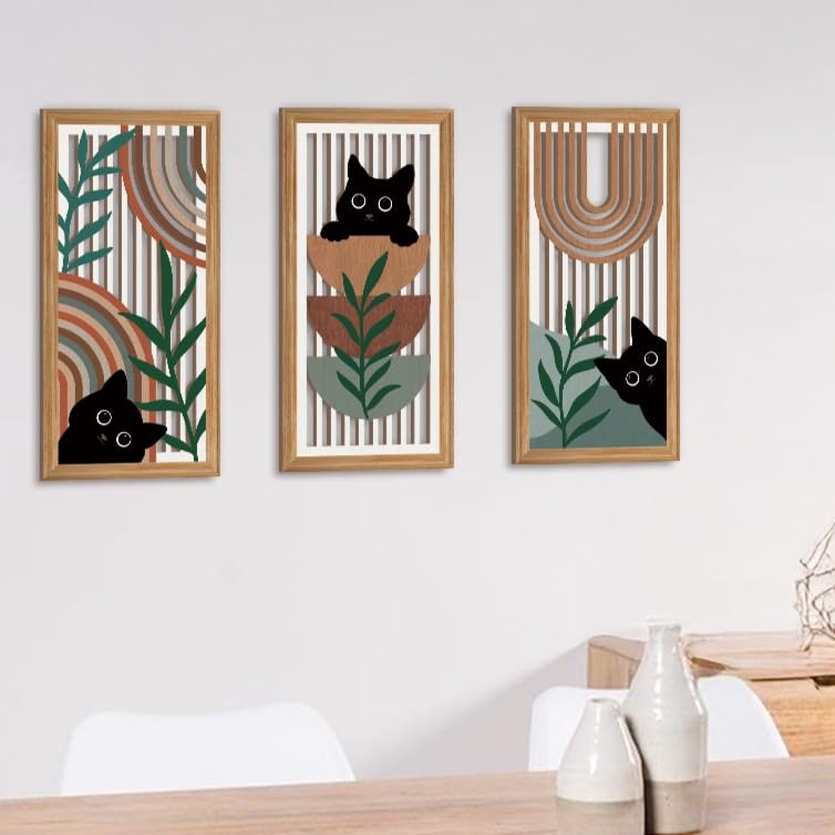 IARTTOP Black Cat Wall Art 3 Pcs Boho Mid Century Modern Wood Wall Decor Abstract Geometric Bohemian Cat Hanging Decor for Farmhouse Bedroom Living Room 7.9 x 15.8 Inch - Image 2