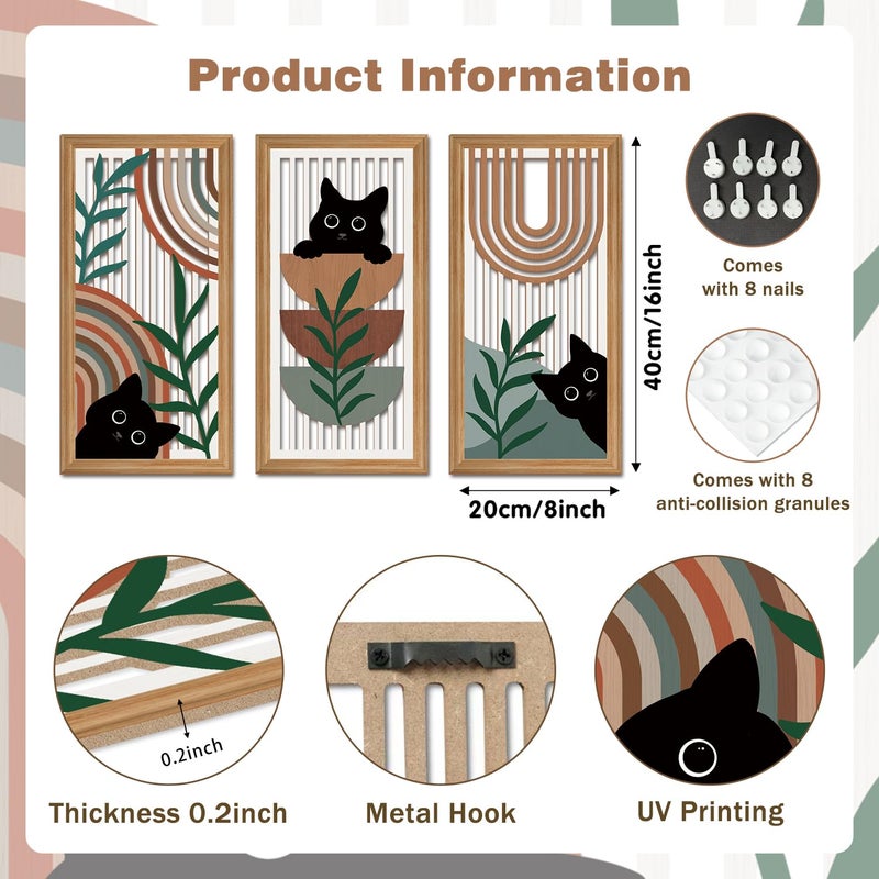 IARTTOP Black Cat Wall Art 3 Pcs Boho Mid Century Modern Wood Wall Decor Abstract Geometric Bohemian Cat Hanging Decor for Farmhouse Bedroom Living Room 7.9 x 15.8 Inch - Image 3