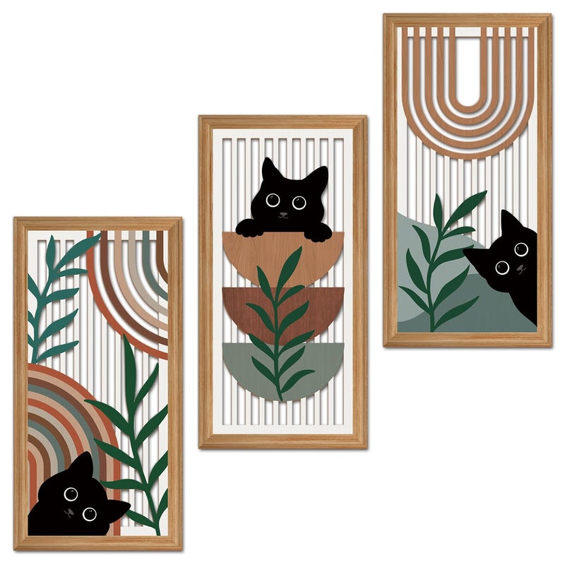 IARTTOP Black Cat Wall Art 3 Pcs Boho Mid Century Modern Wood Wall Decor Abstract Geometric Bohemian Cat Hanging Decor for Farmhouse Bedroom Living Room 7.9 x 15.8 Inch - Image 1