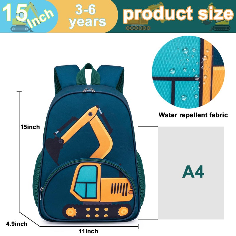 LOIDOU Toddler Backpack Boy for 4-8, Preschool Kindergarten Kids Backpack for School, 15 Inch Toddler Daycare Travel Backpacks with Chest Strap, Excavator Construction Truck Backpacks for Kids - Image 5