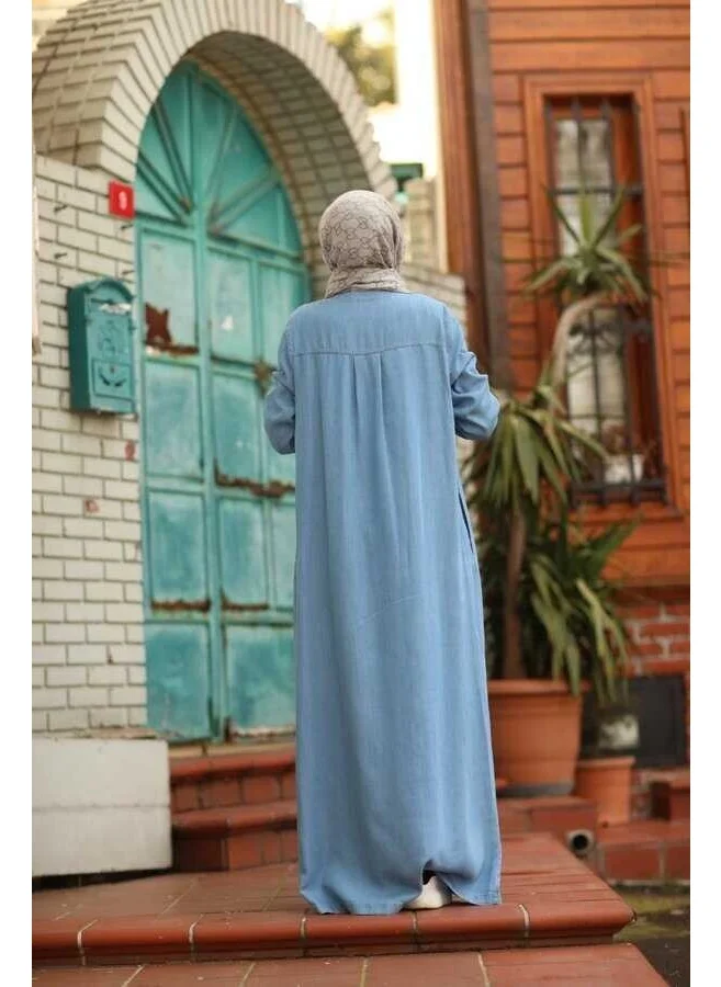 نيوايز 6470-DENIM Zippered Abaya Blue