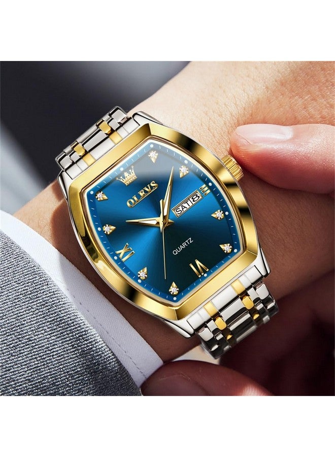 OLEVS Blue Men Watches Business Dress Diamond Analog Quartz Date Luxury Square Wrist Watch relojes para Hombres Casual Stainless Steel Waterproof Luminous Two Tone Watch for Men - Image 3