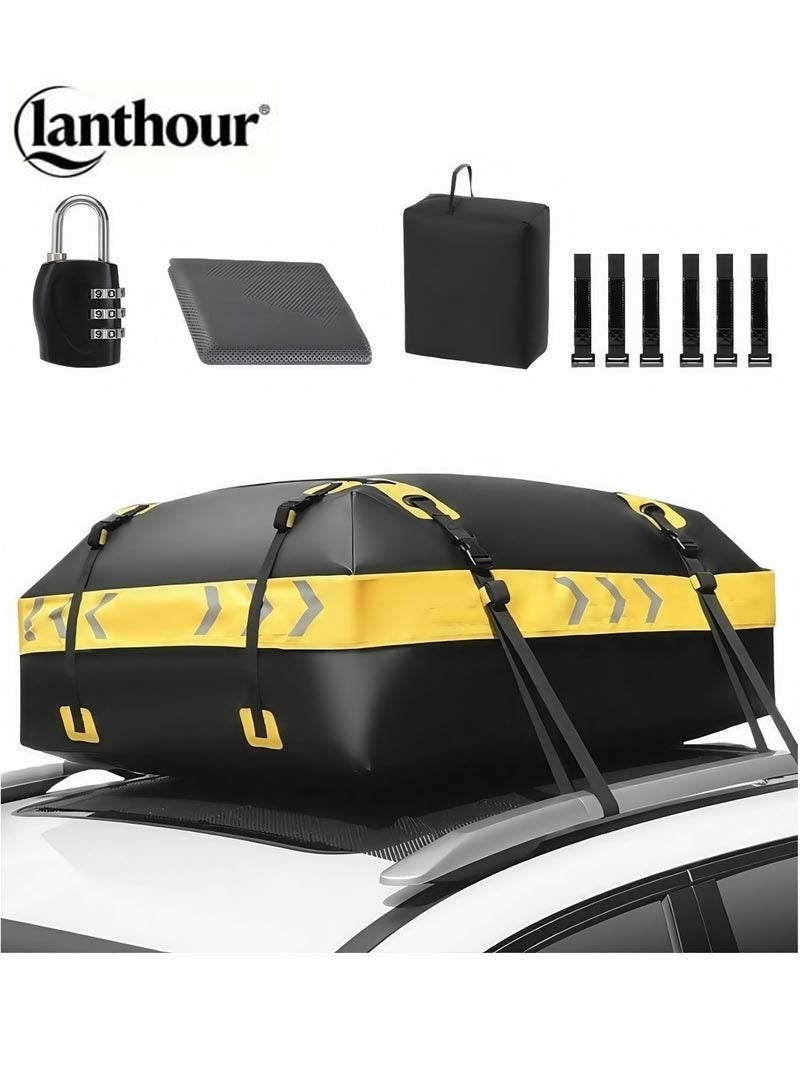 lanthour Car Rooftop Cargo Carrier Bag - 15 Cubic Feet Car Organizer Travel Bag, Heavy Duty Waterproof, 130*100*43cm Yellow Black - Image 1