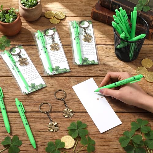 Misdary 30 Sets St. Patrick's Day Gifts Four Leaf Clover Keychains with Irish Blessing Cards Good Luck Ballpoint Pens and Bags Irish Party Favors Appreciation Gift for Staff Teacher Coworker (Bronze) - Image 4