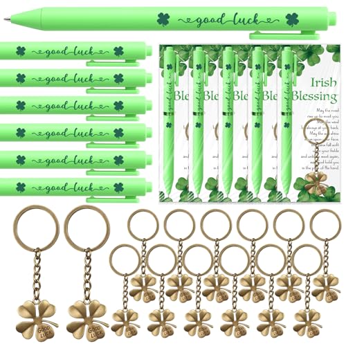 Misdary 30 Sets St. Patrick's Day Gifts Four Leaf Clover Keychains with Irish Blessing Cards Good Luck Ballpoint Pens and Bags Irish Party Favors Appreciation Gift for Staff Teacher Coworker (Bronze) - Image 1