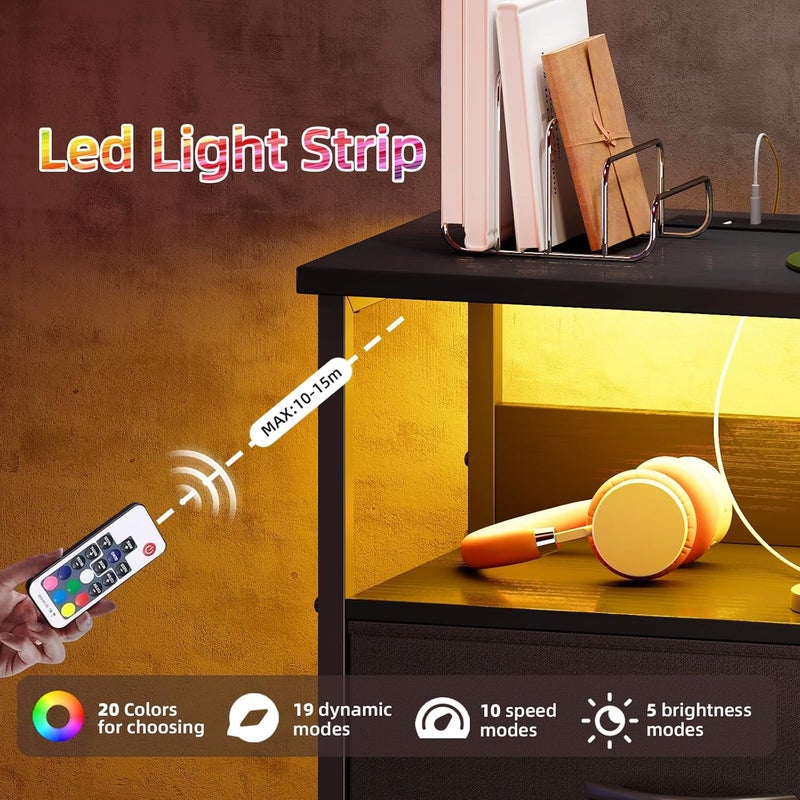 شاربدو حامل ليلي شاربدو لغرفة النوم مزود بمقبسين تيار متردد ومنفذي USB، ومقبس قياسي في المملكة المتحدة، وخزانة تخزين نهائية مع ضوء LED ودرج تخزين (أسود) - Image 5