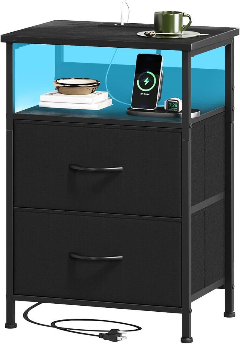 Sharpdo NightStand for Bedroom with 2 AC Sockets and 2 USB Ports, UK Standard Socket, End Storage Cabinet With LED Light and 2 Storage Drawer (Black) - Image 2
