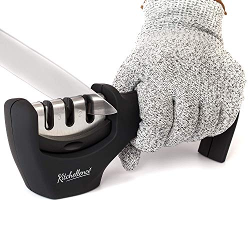 Kitchellence 4in1 Kitchen Knife Accessories 3Stage Knife Sharpener Helps Repair Restore Polish Blades and CutResistant Glove Black