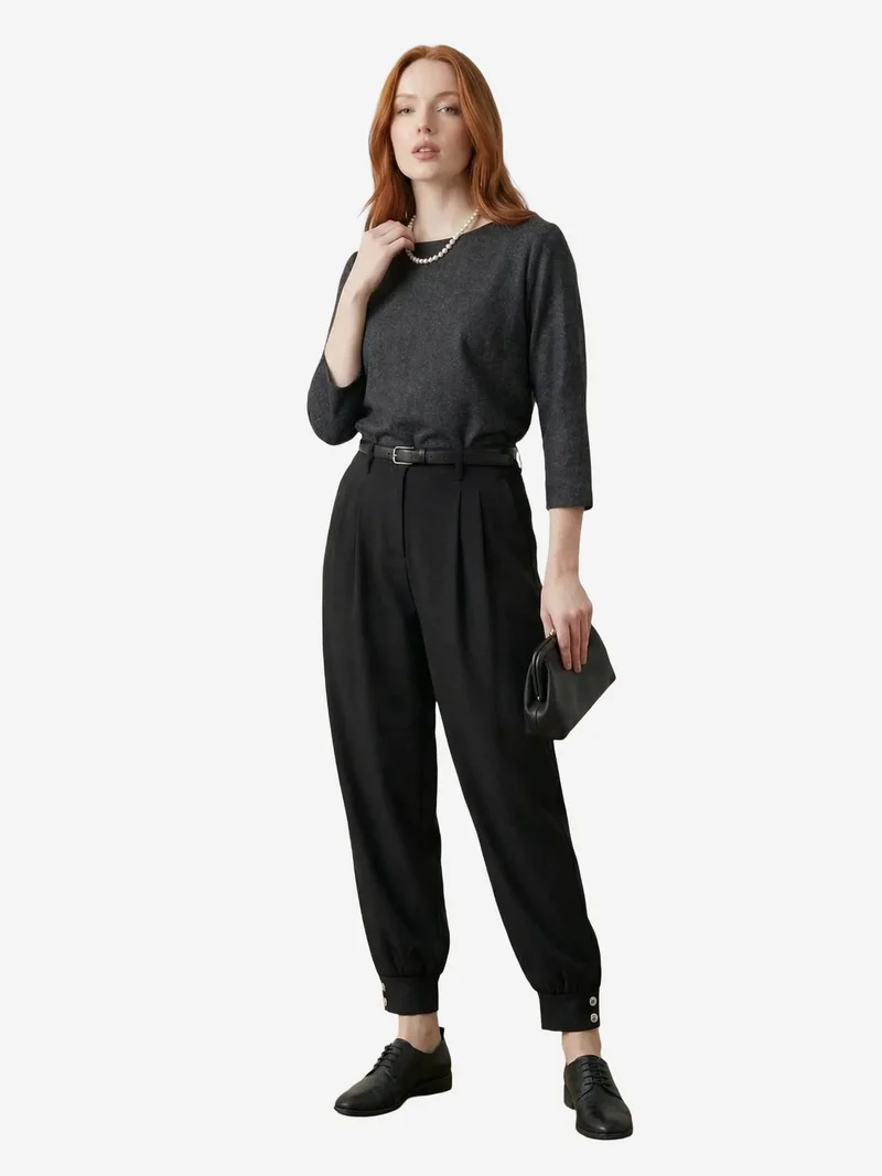 My Fashion Black MY FASHION Belted Buttoned Leg Tailored Trousers for Women | Best Price UAE