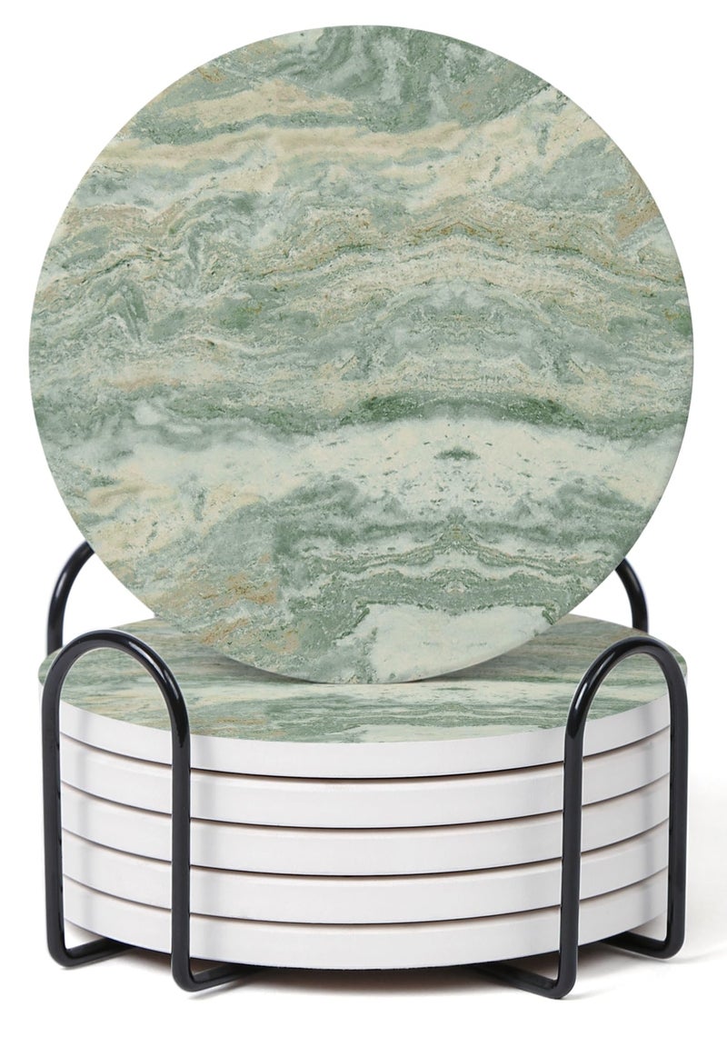 Hoomey Set of 6 Sage Green Abstract Onyx Marble Coasters with Holder Absorbent Ceramic Drink Coasters for Table Protection Coffee Table Decor