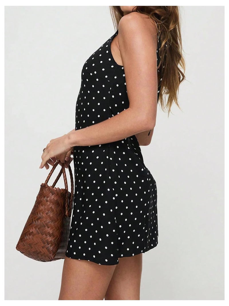 WDIRARA Women's Polka Dots Mini Dress Crew Neck Sleeveless Backless Short Party Dresses Black Small - Image 3
