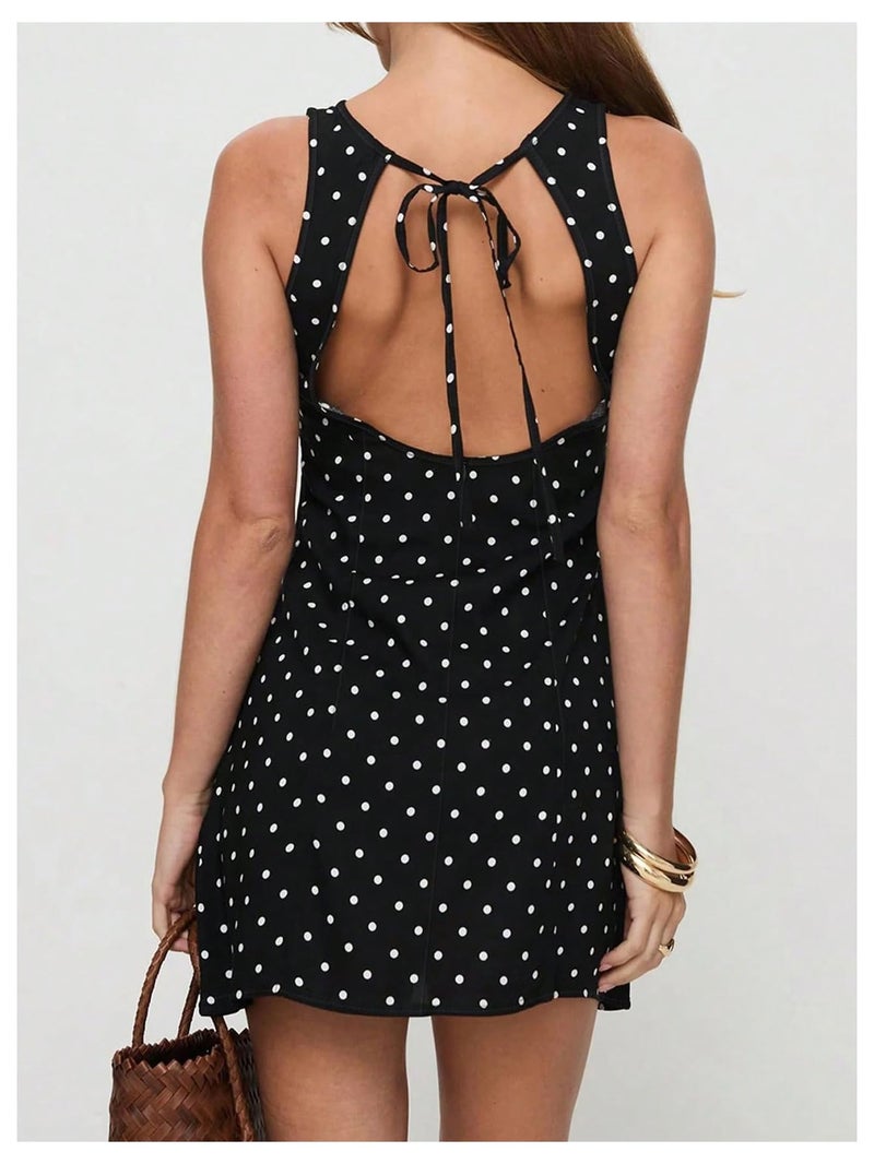 WDIRARA Women's Polka Dots Mini Dress Crew Neck Sleeveless Backless Short Party Dresses Black Small - Image 4