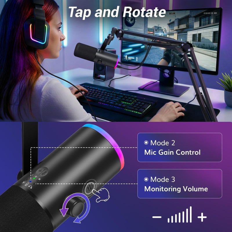 TONOR Dynamic Gaming Microphone, XLR/USB Mic Streaming, AI Noise Cancellation, Controlable RGB, Tap Mute, 3.5mm Headphone Jack, Volume Control, Microfono with Boom Arm, Black, TD510 AIR S H+ - Image 5