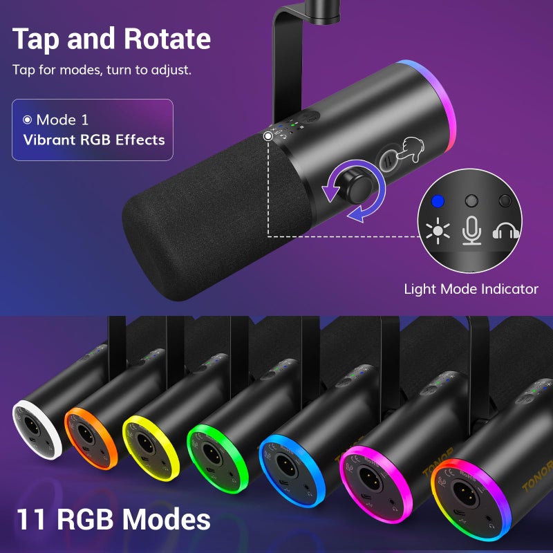 TONOR Dynamic Gaming Microphone, XLR/USB Mic Streaming, AI Noise Cancellation, Controlable RGB, Tap Mute, 3.5mm Headphone Jack, Volume Control, Microfono with Boom Arm, Black, TD510 AIR S H+ - Image 4