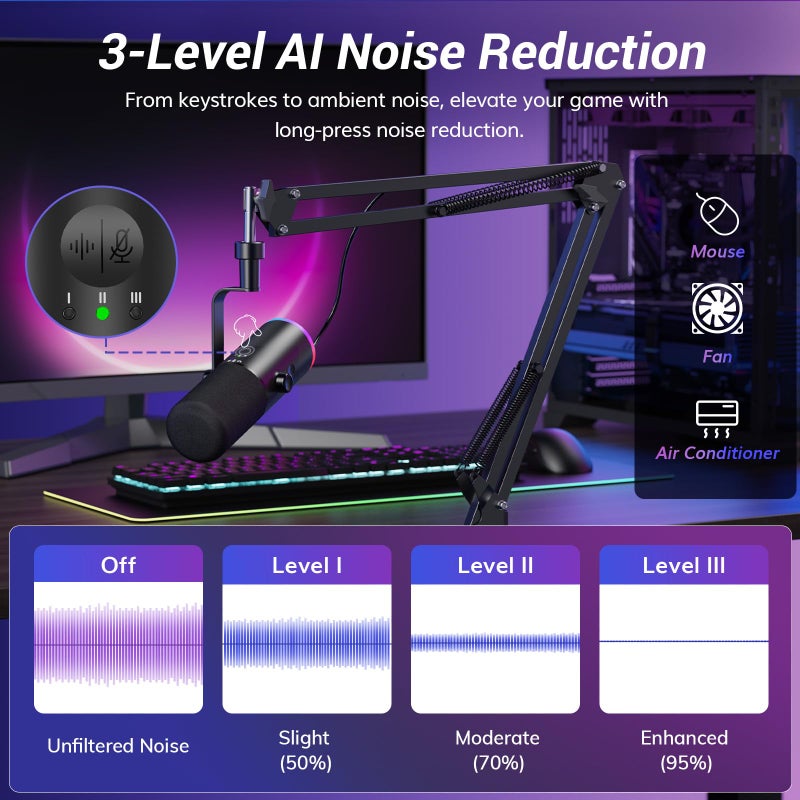 TONOR Dynamic Gaming Microphone, XLR/USB Mic Streaming, AI Noise Cancellation, Controlable RGB, Tap Mute, 3.5mm Headphone Jack, Volume Control, Microfono with Boom Arm, Black, TD510 AIR S H+ - Image 2