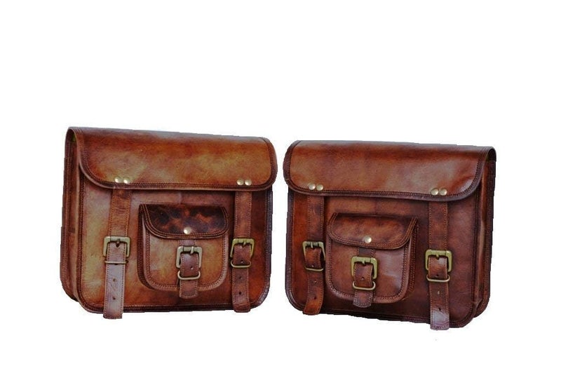 PRASTARA Motorcycle Side Pouch Brown Leather Side Pouch Saddlebags Saddle Panniers 2Bag Gift for Bike Lovers 9 x11 inch
