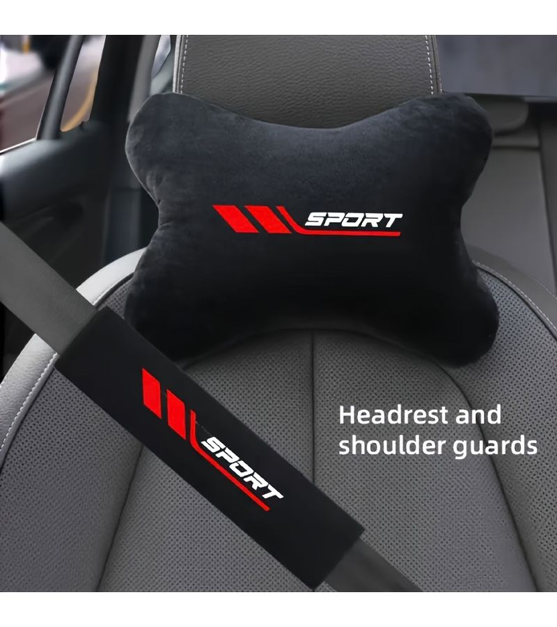Black Sport Style Car Seat Belt Shoulder Protectors And Headrest Cushions Soft Plush - Image 1