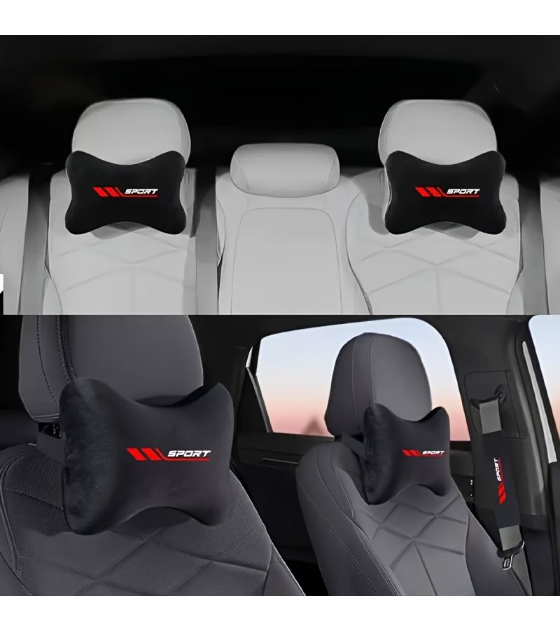 Black Sport Style Car Seat Belt Shoulder Protectors And Headrest Cushions Soft Plush - Image 3