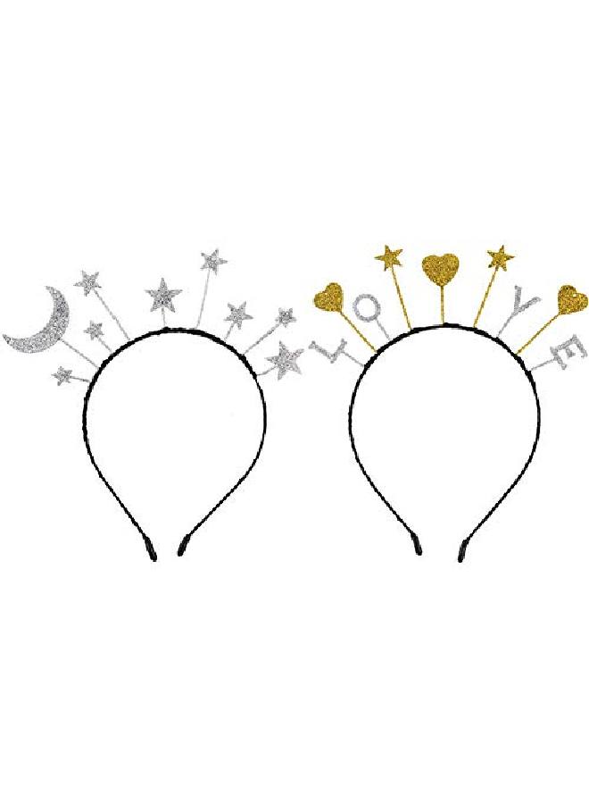 Teensery 2 Pcs Glitter Headbands Cute Moon Star Heart Hair Hoop Headwear Birthday Party Crown Tiara Headpieces Hair Accessories - Image 1