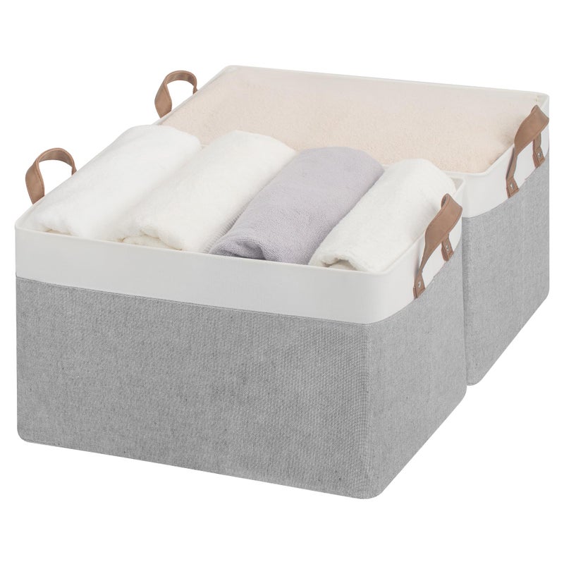 StorageWorks Storage Bins Fabric Storage Bins for Shelves Extra Large Storage Baskets with Metal Frame Closet Baskets and Bins with Handles Jumbo Gray and White 2Pack