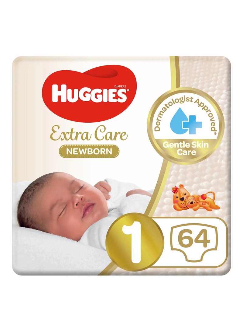 Huggies Extra Care Newborn Tape Stye Diapers, 64 Pieces, Size 1, 0 to 5kg - 12h Protection, Dermatologist Approved, Breathable