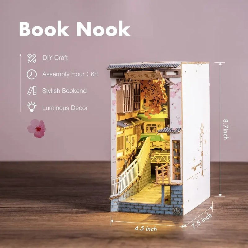 Rolife DIY Book Nook Kit Sakura Densya Wooden 3D Puzzle Dollhouse Model Building Kit DIY Bookends with LED for Bookshelf Decor - Image 3