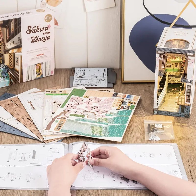 Rolife DIY Book Nook Kit Sakura Densya Wooden 3D Puzzle Dollhouse Model Building Kit DIY Bookends with LED for Bookshelf Decor - Image 5