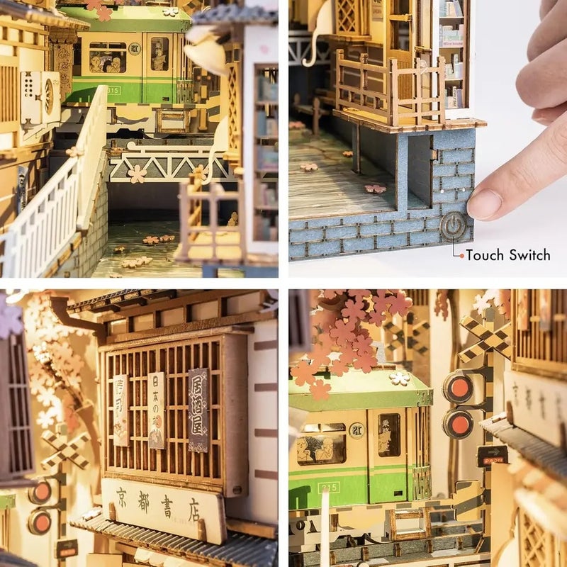 Rolife DIY Book Nook Kit Sakura Densya Wooden 3D Puzzle Dollhouse Model Building Kit DIY Bookends with LED for Bookshelf Decor - Image 4