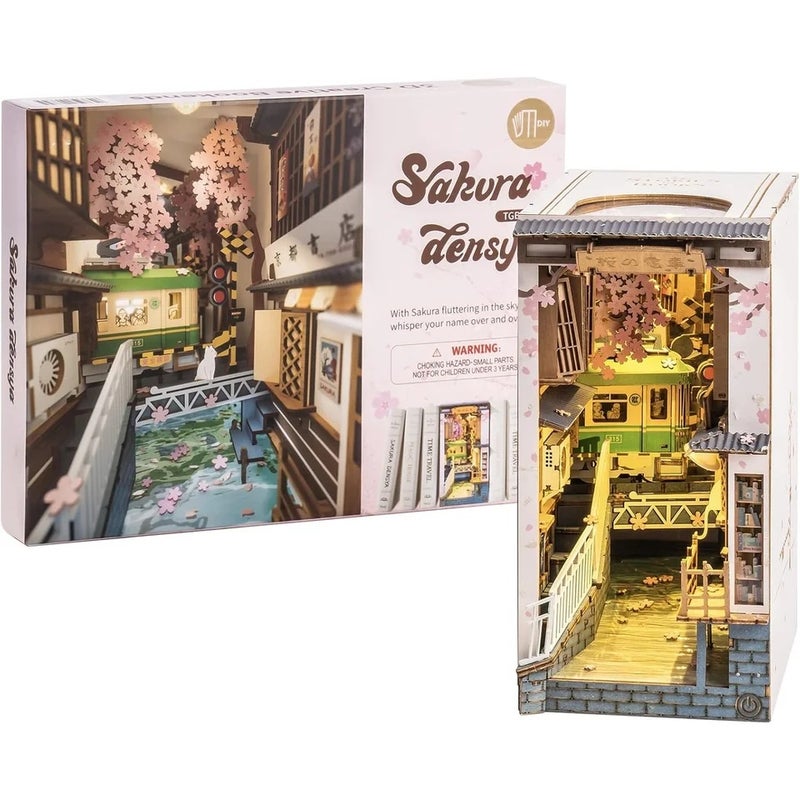 Rolife DIY Book Nook Kit Sakura Densya Wooden 3D Puzzle Dollhouse Model Building Kit DIY Bookends with LED for Bookshelf Decor - Image 1