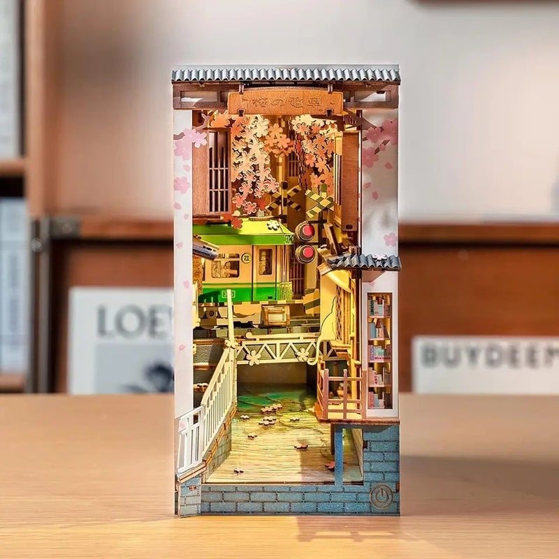 Rolife DIY Book Nook Kit Sakura Densya Wooden 3D Puzzle Dollhouse Model Building Kit DIY Bookends with LED for Bookshelf Decor - Image 2