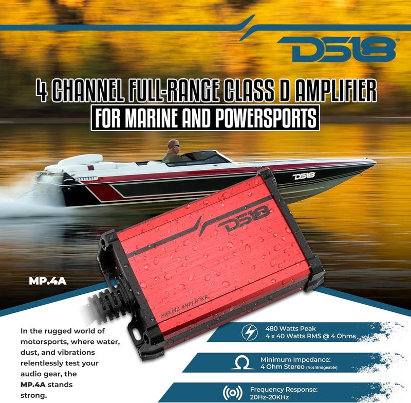 DS18 مضخم الصوت البحري والرياضات القوية DS18 MP.4A - 4 قنوات كامل النطاق فئة D، 480 واط أقصى طاقة، مقاوم للماء - Image 2