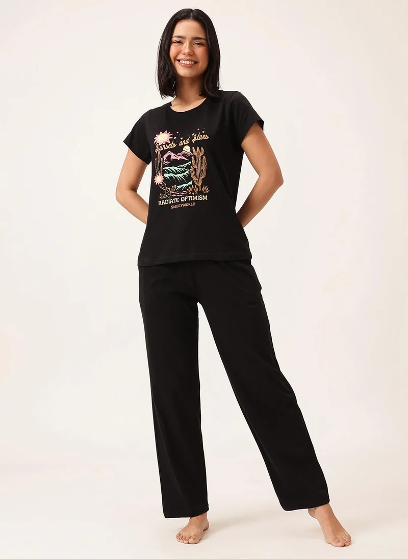 Clovia Clovia Graphic & Text Print T-shirt & Pyjama Set in Black - 100% Cotton
