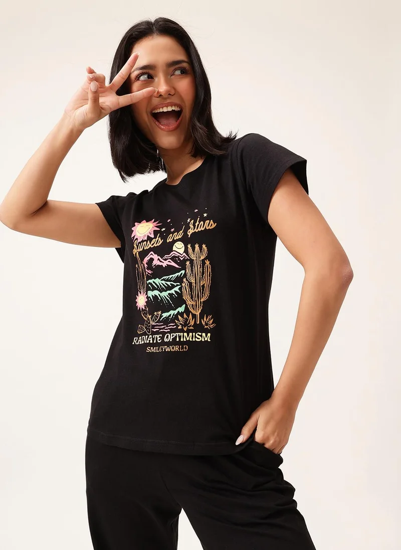 Clovia Clovia Graphic & Text Print T-shirt & Pyjama Set in Black - 100% Cotton