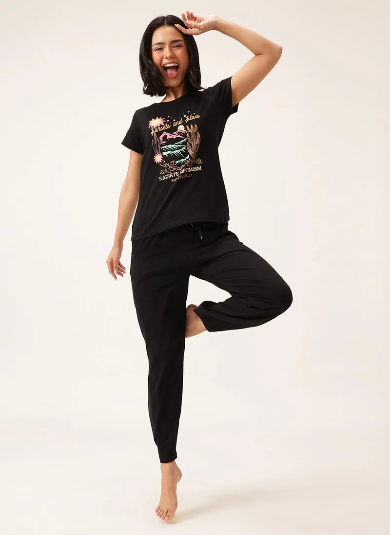Clovia Clovia Graphic & Text Print T-shirt & Pyjama Set in Black - 100% Cotton