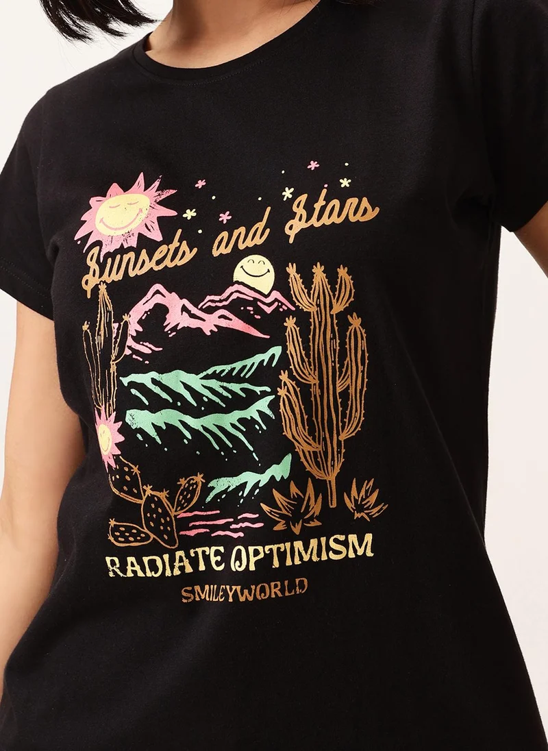 Clovia Clovia Graphic & Text Print T-shirt & Pyjama Set in Black - 100% Cotton