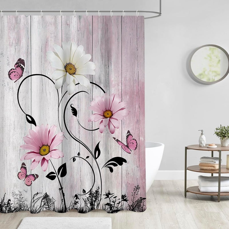 AAtter ATTER PINK FLORAL SURTAIN REARTIC COUNTRY FLOWERS VINTAGE WHITE DAISY BUTHO BOHO ARCRING BLACK LEACK - Image 1