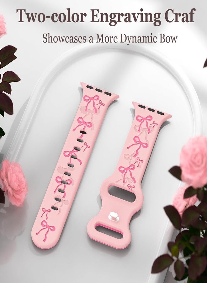 YMHML Bow Band Compatible with Apple Watch Bands for Women 40mm 42mm 41mm 38mm 44mm 45mm 46mm 49mm, Engraved Cute Silicone Inlay Dressy Pink Ribbon Strap for iWatch Series 10 9 8 7 6 5 4 3 SE Ultra - Image 2