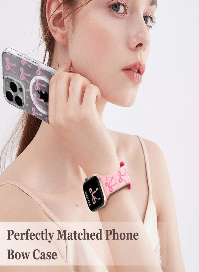 YMHML Bow Band Compatible with Apple Watch Bands for Women 40mm 42mm 41mm 38mm 44mm 45mm 46mm 49mm, Engraved Cute Silicone Inlay Dressy Pink Ribbon Strap for iWatch Series 10 9 8 7 6 5 4 3 SE Ultra - Image 5
