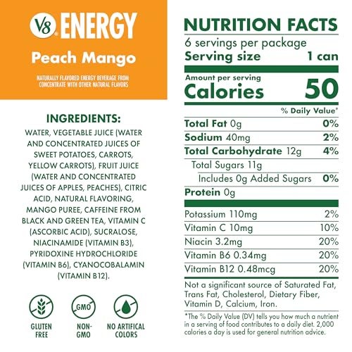 V8 Energy Peach Mango Energy Drink 8 fl oz Can 6 Pack - Image 5