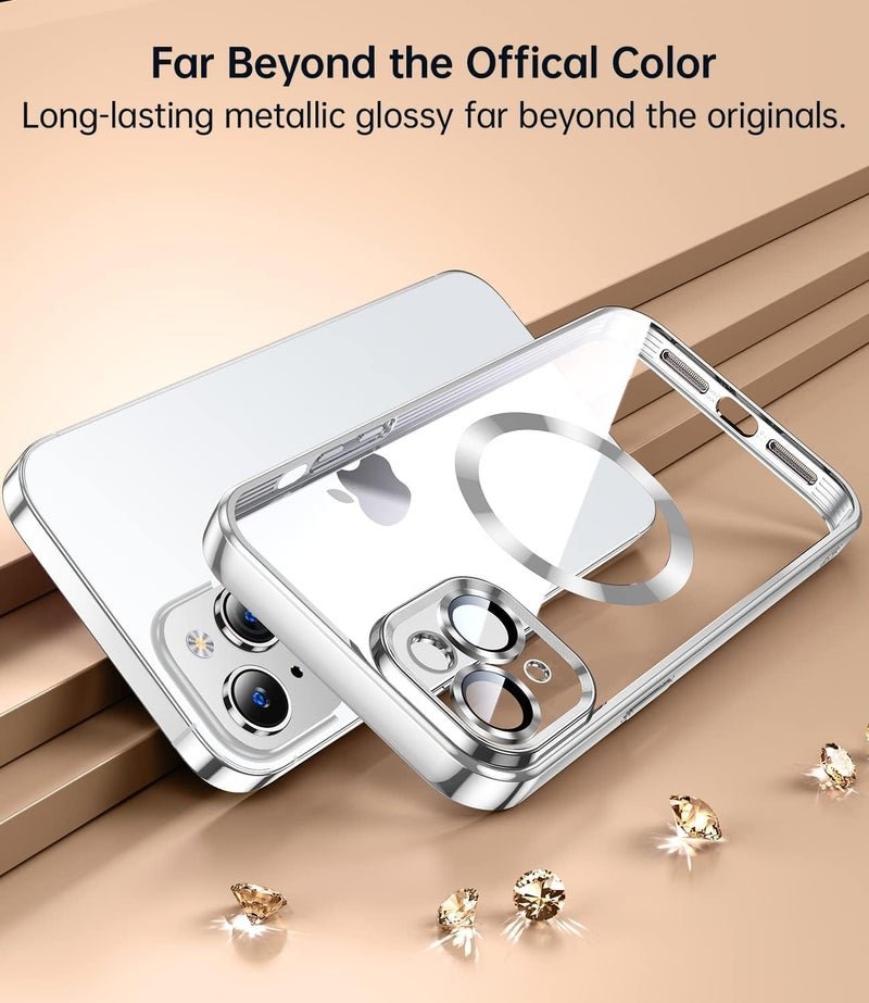 VONZEE Thermoplastic Polyurethane Electroplating Transparent Clear Logo Cover TPU Case For iPhone 15 Case 6.1 Inch,For Magsafe,Full Body&Individual Camera Protection For Each Lens For Unisex(Silver) - Image 5