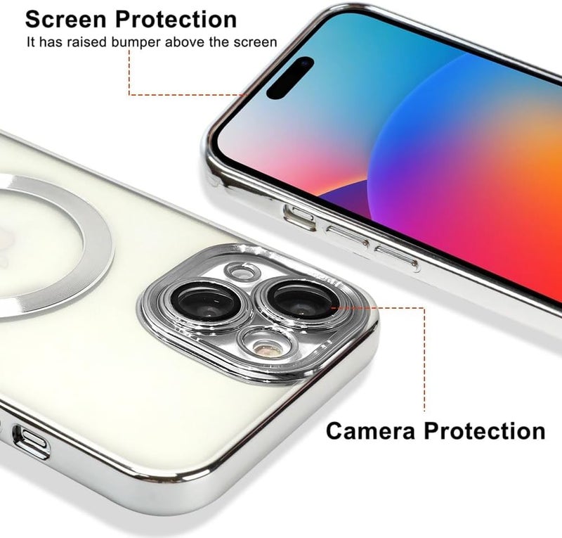 VONZEE Thermoplastic Polyurethane Electroplating Transparent Clear Logo Cover TPU Case For iPhone 15 Case 6.1 Inch,For Magsafe,Full Body&Individual Camera Protection For Each Lens For Unisex(Silver) - Image 4