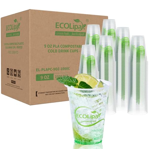 ECOLipak 1000 Count 9 OZ Clear Compostable Plastic Cups Disposable PlantBased Biodegradable Drinking Party Cups PLA Plastic Cold Tumblers for Restaurant Office Canteen Large Gathering - Image 2