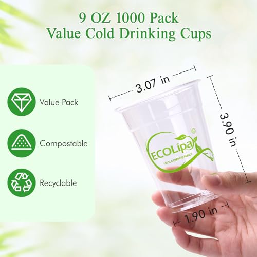 ECOLipak 1000 Count 9 OZ Clear Compostable Plastic Cups Disposable PlantBased Biodegradable Drinking Party Cups PLA Plastic Cold Tumblers for Restaurant Office Canteen Large Gathering - Image 5