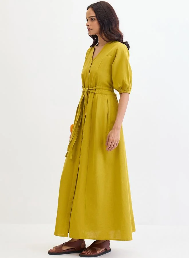 Femmella Citrine Green Cotton Linen Maxi Dress