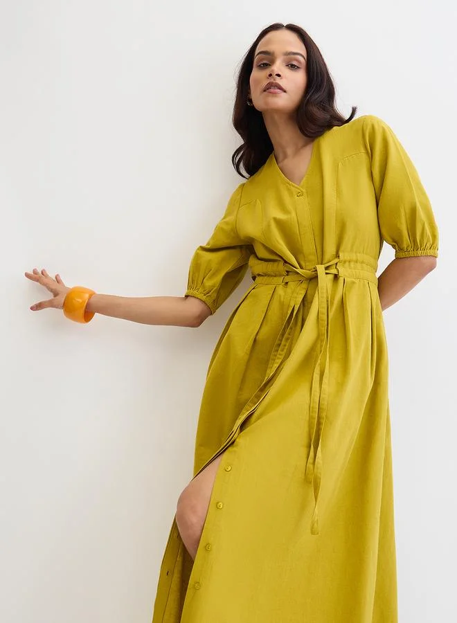 Femmella  Citrine Green Cotton Linen Maxi Dress for Women | Best Price UAE